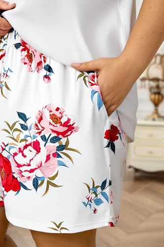 Image of Vozanet Women's Short Sleeve Top and Shorts Pajama Sets Plus Size V Neck Colorful Flower Nighty Loungewear With TWO Pockets