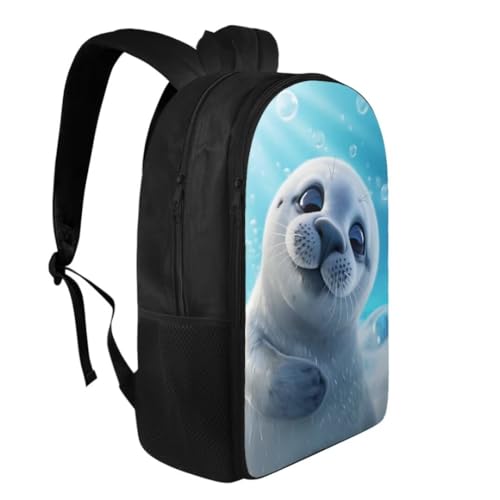 White Seal Print Kids Backpack for Girls 8-12Fashion Girl Print Backpack Multi-pockets Portable Rucksack 17 Inch Waterproof Daypack for Middle Students2