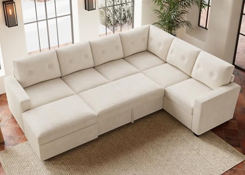 Image of HONBAY 106.2 Inch U-Shaped Sectional Sleeper Sofa with Pull-Out Bed & Storage Ottoman, 7-Seater Sectional Sofa for Living Room, Pet-Resistant Corduroy Couch, Beige