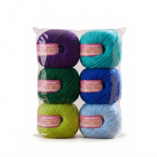 Image of Vardhman BabySoft Knitting Yarn | 100% Acrylic Wool | 4 Ply | Thin Knitting & Crocheting Hook Thread & Lightweight | Special Baby Wool | 150 Grams (6 Balls of 25g) | Machine Washable | Ideal for Blankets, Hats, Booties Ultra-Soft for Baby Sweaters, Blankets, Caps, Socks, Soft toys, Art & craft (Peacock Palette)