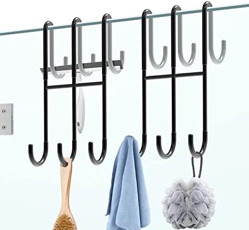 BPB Over Shower Door Hooks - 2 Pack Double Over Glass Hooks Extended 7.5Inch Bathroom Hook Drilling-Free Hanger for Hanging Towel, Robe, Loofah, Squeegee (Black)