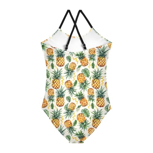 senya Girls Swimsuits One-Piece Swimwear Tie Bathing Suit Beach Summer Round Neck 5-6T Tropical Pineapples and Leaves Pattern2