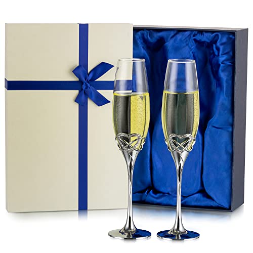 Inweder Copas Novios Boda Regalos para Matrimonios Juego de 2 Copas Champagne Cristal Plata con Caja Regalo Copas de Cava Personalizadas para Cumpleaños Aniversario Dama Honor Compromiso Novia