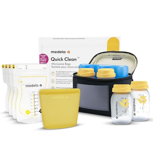 Medela kit todo en uno para almacenamiento de leche materna con biberones de 150 ml, Easy Pour y reutilizables, bolsa para microondas Quick Clean y nevera portátil con placa de refrigeración moldeada