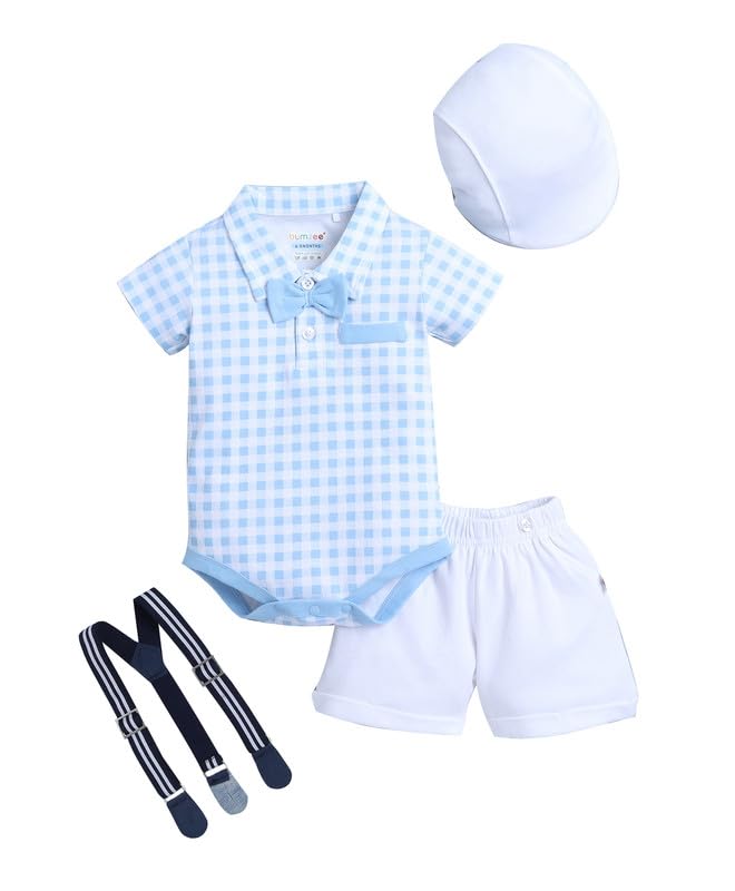 BUMZEE Baby Boys Cotton Striped Half Sleeves Bodysuit & Short Set With Bow Suspender & Cap