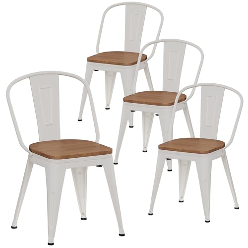 Alunaune 18inch Metal Dining Chair Set of 4 High Back Classic Chic Iron Farmhouse Chairs Industrial Stackable Coffee Stools Bistro Cafe Side Barstools Wood Seat-White