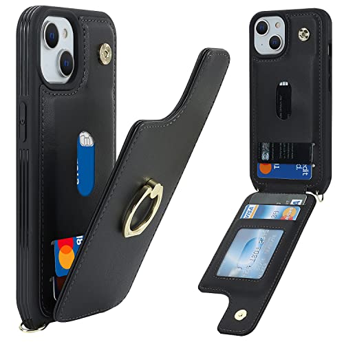 Image of for iPhone 14 Plus Case with Card Holder and Strap for Women,Crossbody Lanyard,RFID Blocking,Stand Ring Kickstand,Snap Clasp,Phone Wallet Cases 6.7 inch(Black)