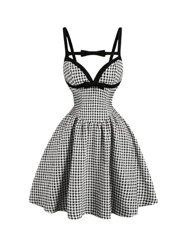 Elegant Camisole Two-Color Bow Decoration, Black and White Plaid Elegant Dress