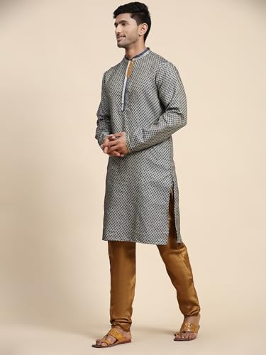 Image of SKAVIJ Men's Brocade Silk Embroidered Kurta Pajama Set Thread Work Festive Party Ethnic Dress
