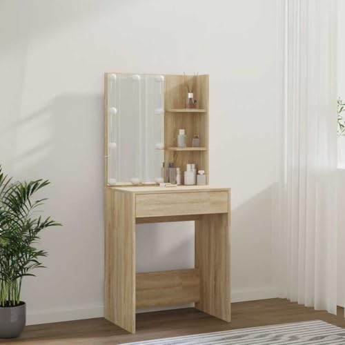 Tocador con LED regulable en roble Sonoma y almacenaje compacto para dormitorio 7