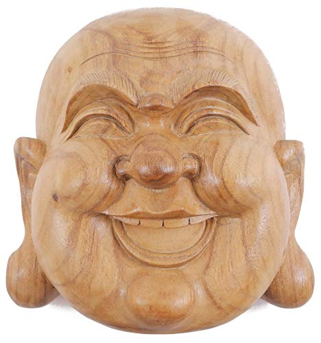 Artisanal Masque du Bouddha Rieur en Bois Exotique Brut 20cm