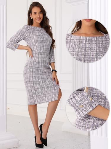 Image of Allegra K Tweed Dress for Women's Boat Neck 3 /4 Sleeve Elegant Work Pencil Sheath Dress