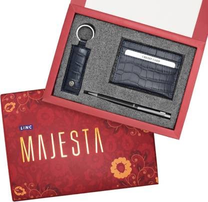 Image of Linc Majesta Combo Ideal Gift Set |Teachers Day Special Gift Box | GiftSet From Student | 0.7mm Fine Round Tip Premium Quality Smooth Matte Body Verta Roller Ballpoint Pen | Pocket Size Card Holder | Classy Keychain | 3 in 1 Perfect Gift Pack for Any Occasions | Pack of 3 Items