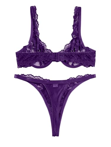 Image of Lilosy Sexy Floral Lace Scallop Underwire Push Up Sheer Lingerie Set Outfits