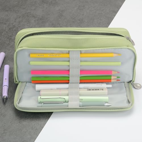 Image of Large Capacity Special Aesthetic Pencil Case Organizer with 3 Compartments, Big Preppy School Pencil Pouch Bag for Girls Women Adults, Pencil Holder Pen Pouch Cases (Green)