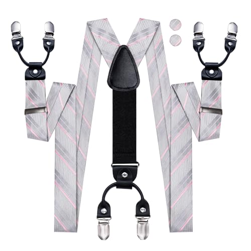 Image of Hi-Tie Men's Suspenders and Tie Set Silk Adjustable Elastic Y Braces with Strong 6 Clips Pocket Square Set