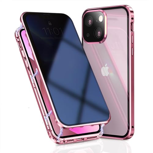 OMGZONE Privacy Case for iPhone 15 Plus Magnetic Cover,Screen Protector built-in Anti-peep Tempered Glass Full Cover with Camera Protector,360 Degree Metal Bumper Case for iPhone 15 Plus,Pink