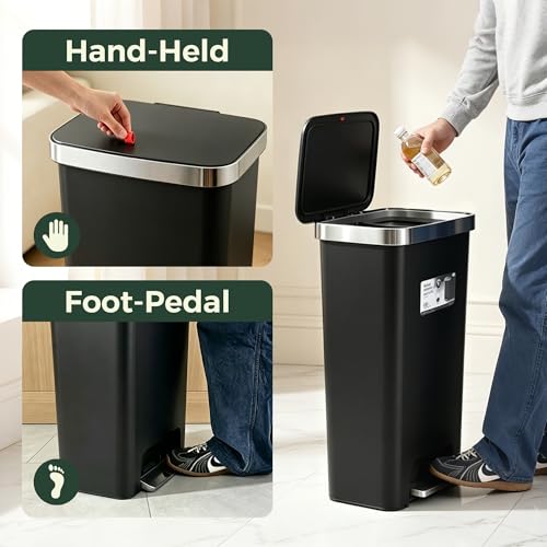Image of Trash Can with lid, 12 Gallon Slim Tall Garbage Can,Black | Kitchen Trash Bin Step-on with Lid, Plastic Black Garbage Can with Stainless Steel Rim for Bathroom,Living room,Bedroom,Yard,