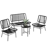 Outsunny Set Salotto da Giardino 4 Pezzi in Rattan, Set di Mobili da Giardino con Divano a 2 Posti, 2 Sedie, Tavolino da Caffè Piano Metallo, Struttura in Acciaio, Salottino da Esterno Balcone, Nero