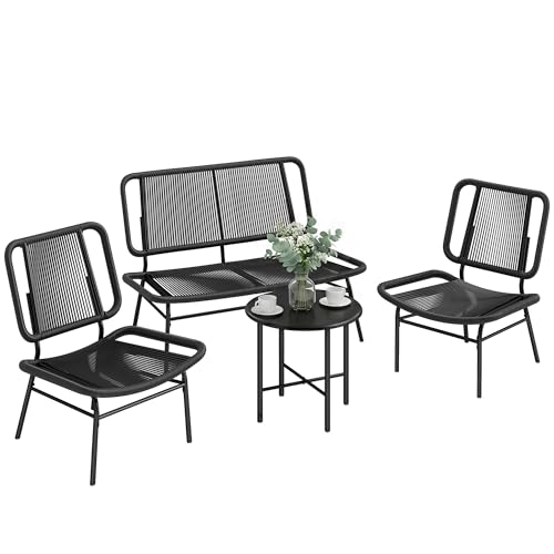 Outsunny Conjunto de Jardín Exterior de Ratán, Conjunto Terraza Resistente a la Intemperie, Muebles Jardín Exterior 4 Piezas Incluye Sofá de 2 Plazas, 2 Sillas, Mesa de Centro con Tapa Metálica, Negro