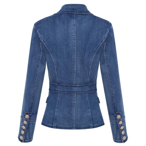 Women's Metal Button Double Breasted Slim Denim Blazer Jacket Casual Fashion High Street Suit Coat3