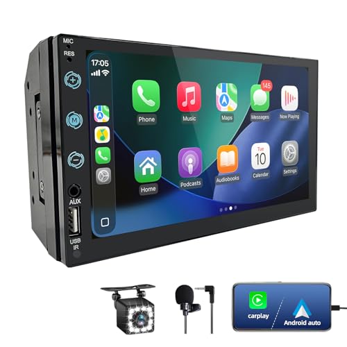 Autoradio 2 DIN avec Carplay et Android Auto - Écran Tactile 7 Pouces avec caméra de recul, Mirror Link, USB/AUX/FM, adapté aux véhicules 12V