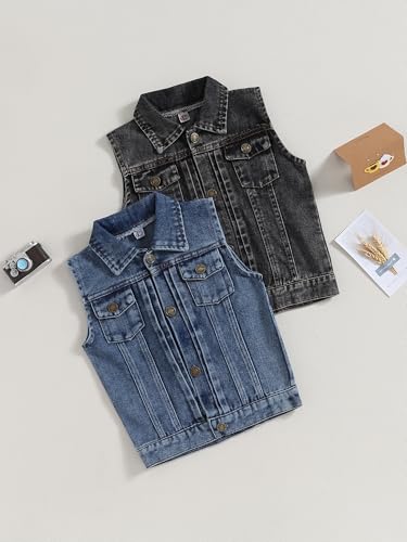Kids Girl Boy Denim Vest Coats Sleeveless Turn Down Collar Button Closure Jackets Trendy Outwear 6