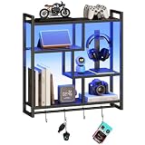 HOOBRO Gaming Floating Shelves with LED Lights, 28.7" LED Wall Mounted Shelf, 4-Tier Floating Wall Shelf for Storage, Display Rack with Hanging Bar and 4 S Hooks, for Gaming Room, Black BB37DBJ01
