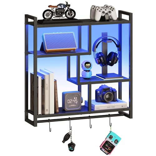 Image of HOOBRO Gaming Floating Shelves with LED Lights, 28.7 inch LED Wall Mounted Shelf, 4-Tier Floating Wall Shelf for Storage, Display Rack with Hanging Bar and 4 S Hooks, for Gaming Room, Black BB37DBJ01