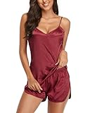 CULAYII pj sets for woman red silk Women's Pajamas Camisole 2 pieces PJ sets Soft women's sleepwear(XL)