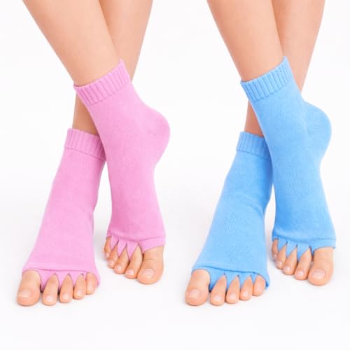 Image of Foot Alignment Orthopedic Cotton Socks for Men & Women | Five Toe Separator | Foot Pain Relief | Bunion Corrector | Plantar Fasciitis Support |Free Size | SkyBlue-BabyPink | 2 Pair | UK8-11