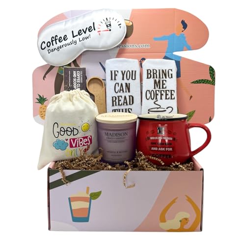 Product Image of the Coffee Accessory Gift Set for Women and Men- Packed with Fun & Unique Coffee Themed Gifts for Coffee Lovers by Silly Obsessions. Birthday Coffee Gift Basket for Mom and Dad, Daughter and Son...