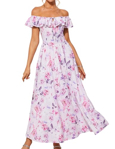 GRACE KARIN 2025 Womens Maxi Dresses Summer Off Shoulder Floral Dress Ruffle Split Beach Flowy Boho Wedding Guest Dress