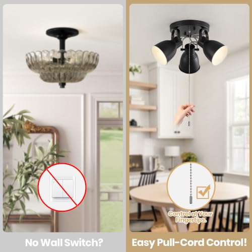 Image of 3-Light Industrial Semi Flush Mount Ceiling Light Fixture with Pull Chain Switch, Adjustable Track Spotlight, Black Metal Close to Ceiling Lamp for Bedroom Kitchen Hallway Living Room, E26