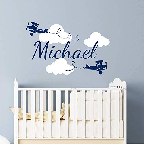 Personalized Name Wall Decals for Boys Custom Clouds Biplane Airplane Plane Nursery Decals Art Wall Vinyl Sticker. Name For Son's Nursery Wall Decor. Children Kids Room Baby Name Wall Decal vs26