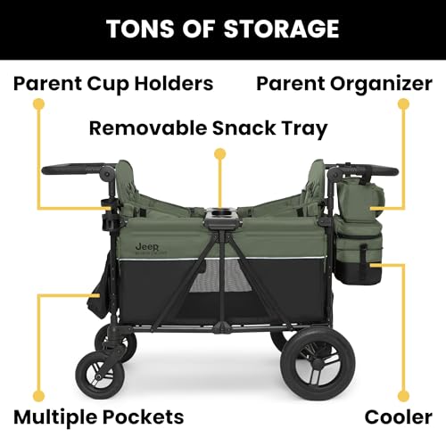 Image of Delta Children - Jeep Wrangler Deluxe 4 Seater Stroller Wagon - Premium Quad Stroller Wagon for 4 Kids with Convertible Seats, Adjustable Push /Pull Handles, Removable Canopy & Flat Fold, Black /Green