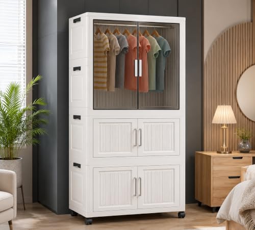 Image of YASONIC Plastic Wardrobe for Kids Clothes - Standing Desk Premium Comfort Foldable Wardrobes for Clothes, Cupboard for Storage Large for Men and Women (Off White, 3 Door)