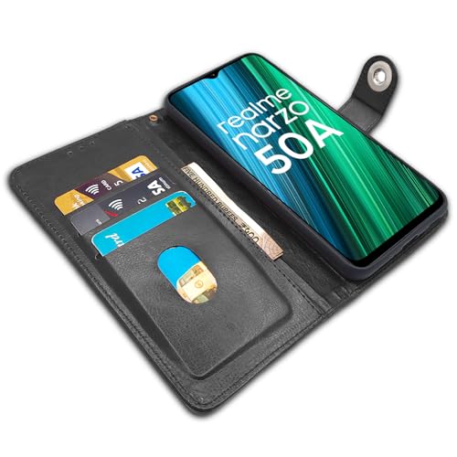 Image of Pikkme Realme Narzo 50A Flip Cover Leather Finish | Inside TPU with Card Pockets | Wallet Stand and Shock Proof | Complete Protection Button Flip Case (Black)