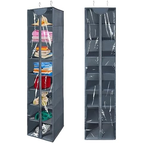 Libeder Hanging Closet Organizer, 8-Shelf Wardrobe Clothes Storage Organizer with Zipper,Hanging Shelves for Sweater,Shoes,Purse,Hats,Gray Cover