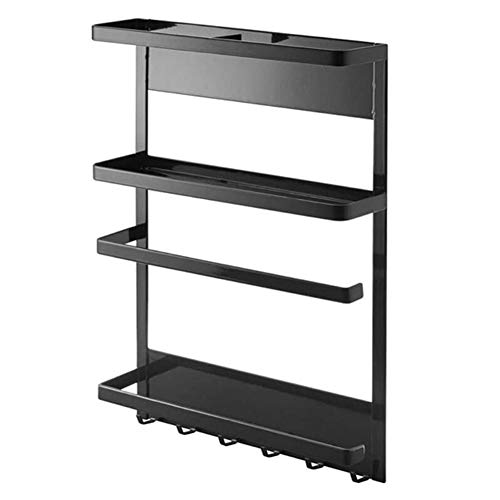 Hängeregal für Kühlschrank-Seitenregal Magnetische Gewürzregale Küchenregal Metall Aufbewahrung Organizer Regal mit 2 Ablagen, 6 Haken,