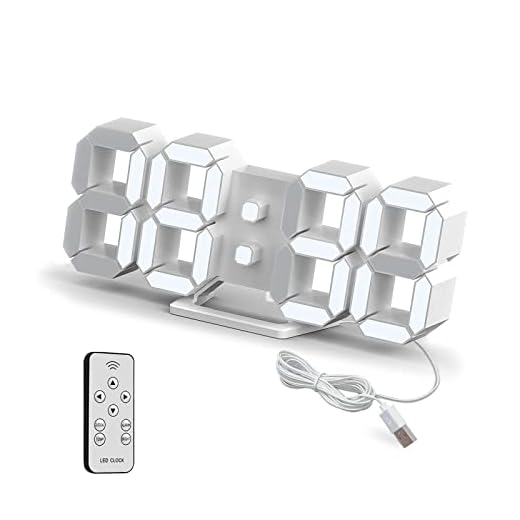 Deeyaple 3D Led Digital Alarm Desk Clock Small Wall Clock Snooze Dimmable Time Memory 12/24 Date Temperature Remote Control Night Light Office Kitchen Living Room Bedroom (9.7 Inch, White)