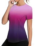 iWoo Sport-Shirt für Damen, kurzärmelig, UPF 50+, leicht, atmungsaktiv, schnell trocknend, Gym Sportshirt(Farbverlauf Lila,XXL)