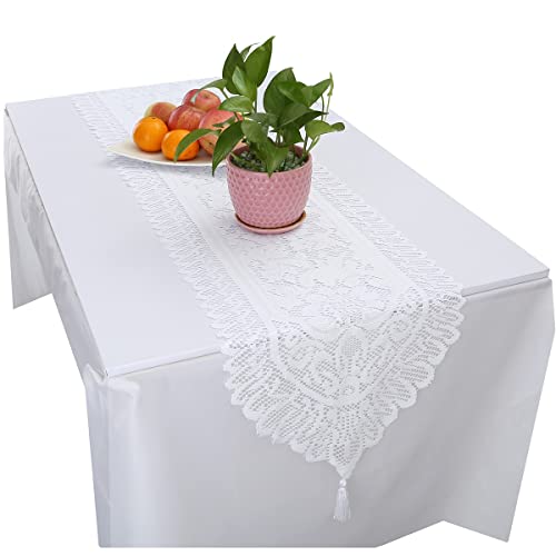 KYEYGWO Hollow Lace Table Runners Elegant Mesh Tablecloth Vintage Macrame Table Cover with Tassels for Rustic Boho Wedding Reception Decoration Bridal Showers