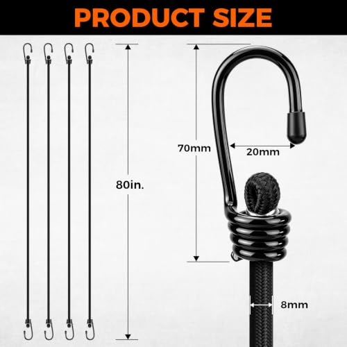 Image of 4-Piece 80 Inch Bungee Cords with Hooks, Heavy Duty Outdoor Elastic Bungee Straps, Industrial Grade Bungee Cord for Securing Tarps, Luggage, Tents, Bikes or Garden Tidying