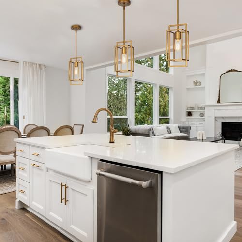 Image of KSANA Antique Gold Pendant Lighting, Modern Golden Geometric Cage Hanging Light Fixture for Kitchen Island, Foyer, Dining Room and Hallway