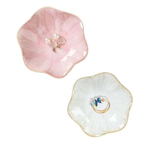 RRYPBOVG Ceramic Jewelry Dish Ceramic Trinket Catchall 2 PCS Small Earrings Dish Key Tray Nightstand Table Necklace Jewelry 4.3 Inches(White and Pink)