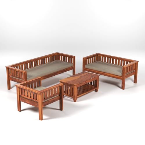 Image of Sheesham Wood 6 Seater Low Height Sofa Set with Coffee Table for Living Room Wooden Sofa Set for Living Room Furniture | Beige Cushion (3+2+1, Honey Finish)