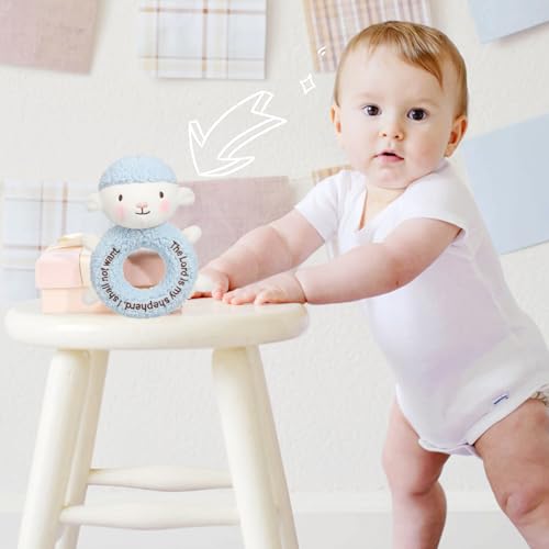 Image of Karenhi Lamb Blue Stuffed Animal Little Stuffed Animal Praying Baptism Soft Plush Snuggle God's Toy Embroidered Religious Gifts for Boys Girl Baby Shower Mom Barnyard Nursery Decor Doll Toy