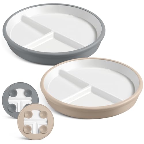 Image of Domensi 2 Pcs 8" Large Porcelain Kids Plates with Anti-slip Silicone Sleeve Ceramic Divided Plate with Suction for Toddler Eating Microwave Dishwasher Friendly (Gray,Beige)