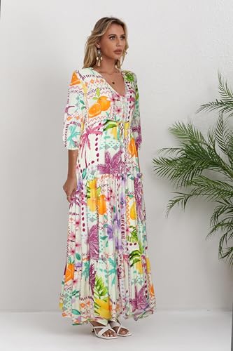 Image of Women Short Sleeve V Neck Floral Print Casual Bohemian Maxi Dresses